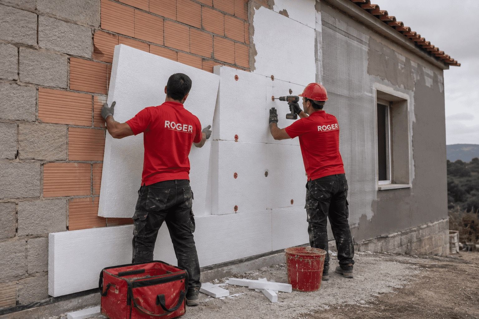 Dois trabalhadores da Roger a aplicar placas de isolamento numa fachada