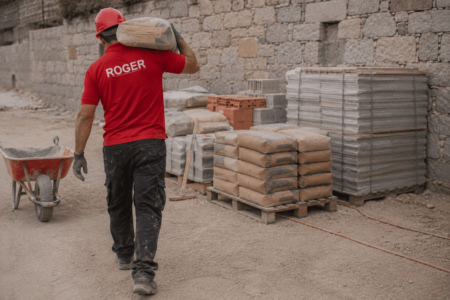 Trabalhador da Roger a carregar um saco de cimento, junto a paletes de materiais