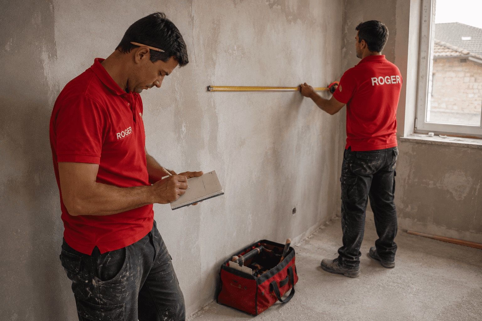 Dois trabalhadores da Roger a medir uma parede e a tomar notas numa sala em obra