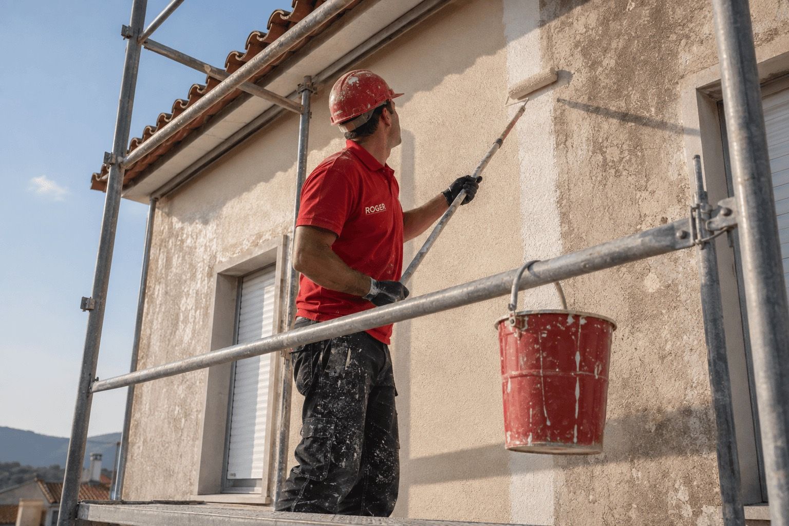 Trabalhador da Roger a pintar a fachada de uma casa, em cima de um andaime